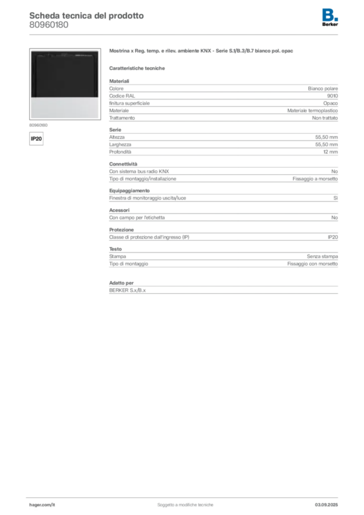 Immagine Berker Scheda tecnica del prodotto 80960180 | Hager Italia