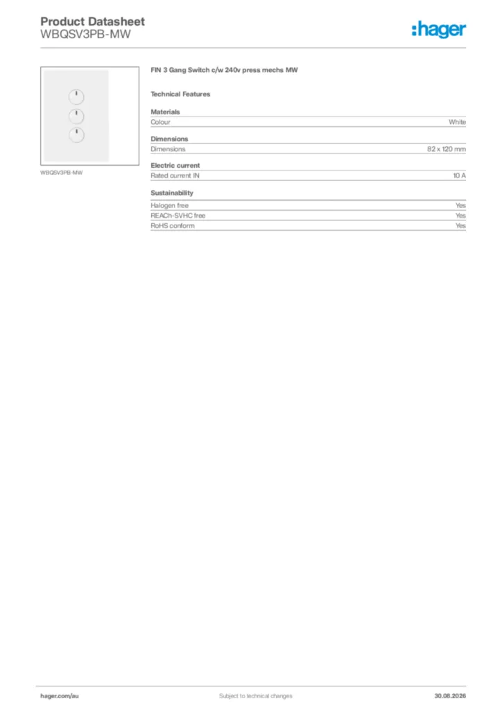 Image Hager Product data sheet WBQSV3PB-MW  | Hager Australia