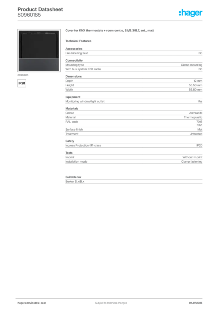 Image Hager Product data sheet 80960185  | Hager