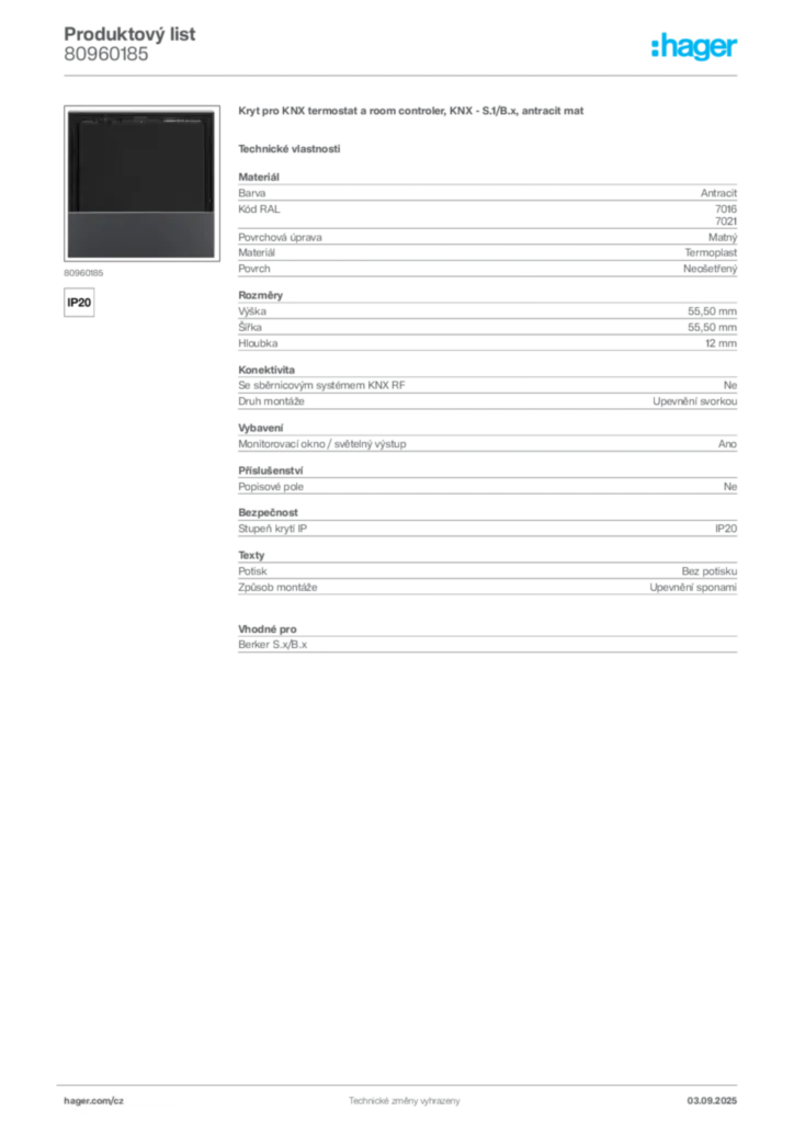 Obrázek Hager Produktový list 80960185 | Hager