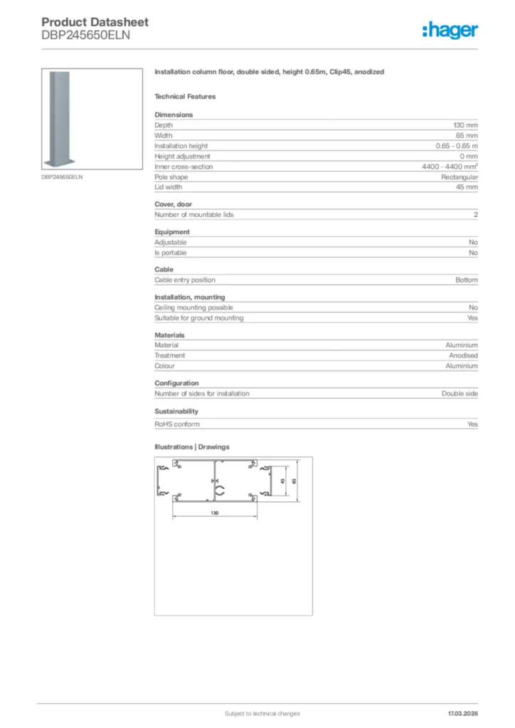 Image Hager Product data sheet DBP245650ELN  | Hager Africa