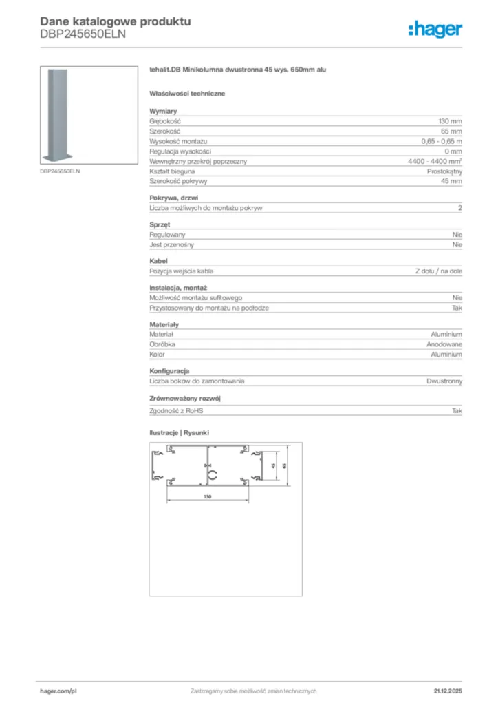 Zdjęcie Hager Dane katalogowe produktu DBP245650ELN | Hager Polska