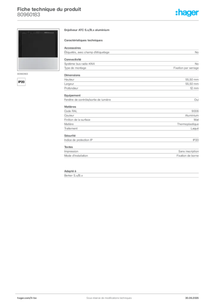 Image Hager Fiche technique du produit 80960183 | Hager Belgique