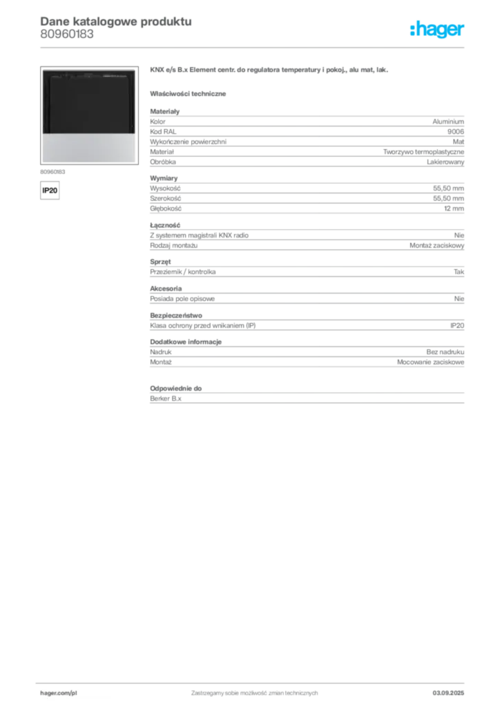Zdjęcie Hager Dane katalogowe produktu 80960183 | Hager Polska