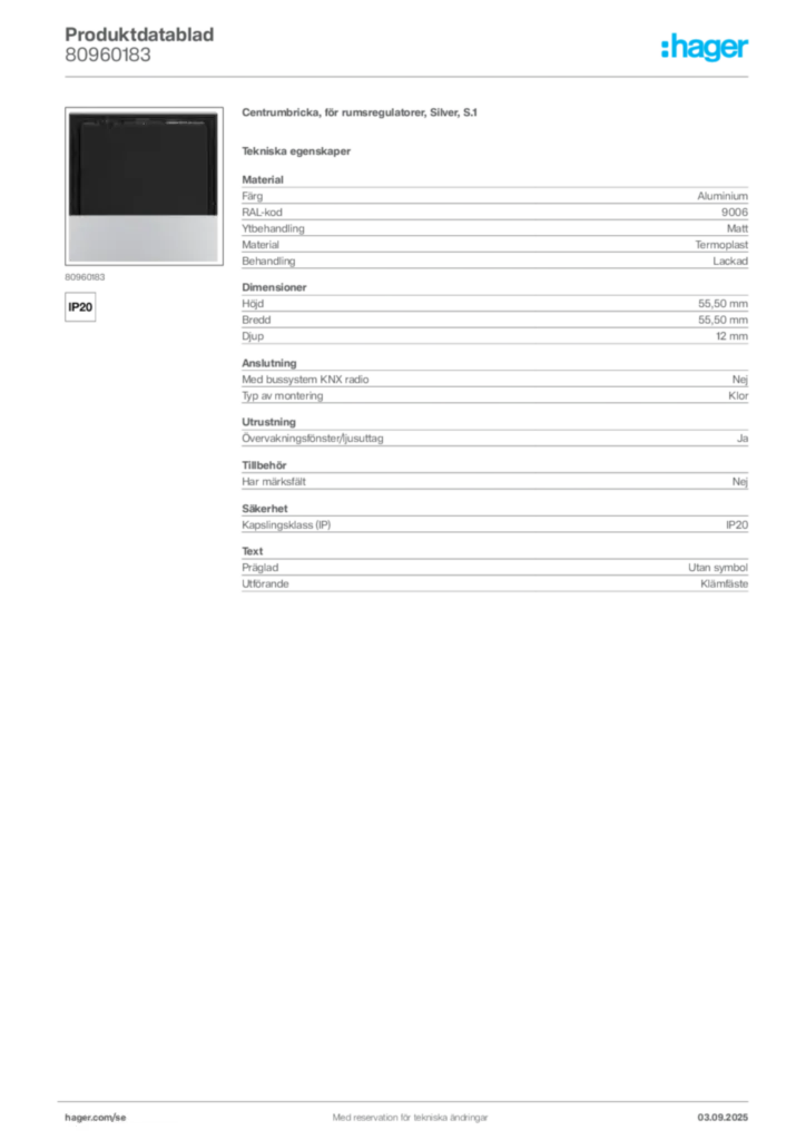 Bild Hager Produktdatablad 80960183 | Hager Sverige