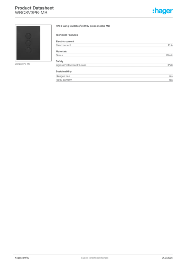 Image Hager Product data sheet WBQSV3PB-MB  | Hager Australia
