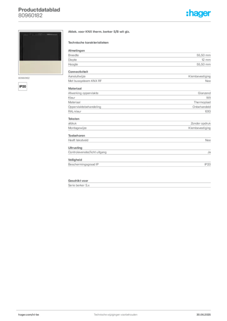Afbeelding Hager Productdatablad 80960182 | Hager Belgium