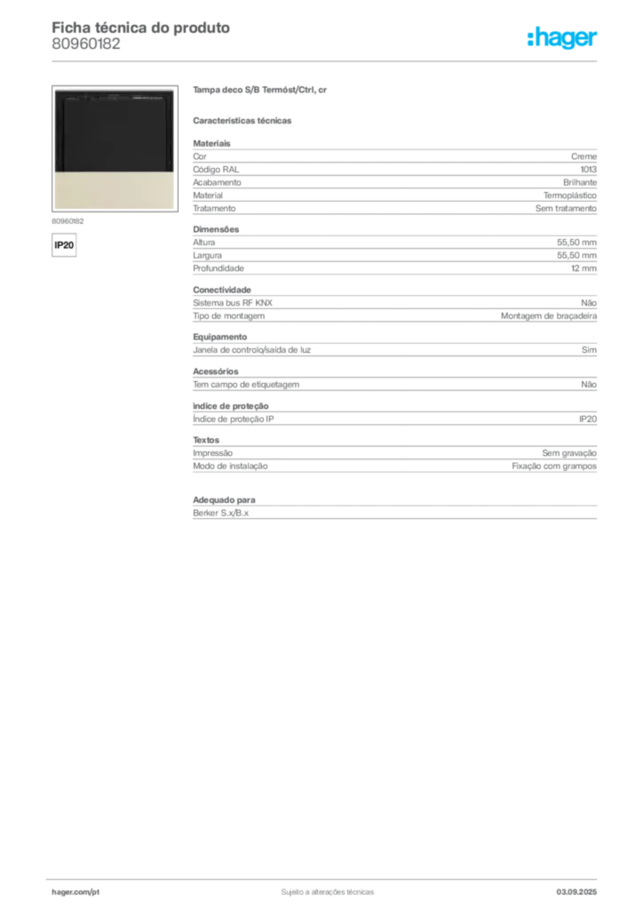 Imagem Hager Ficha técnica do produto 80960182 | Hager Portugal