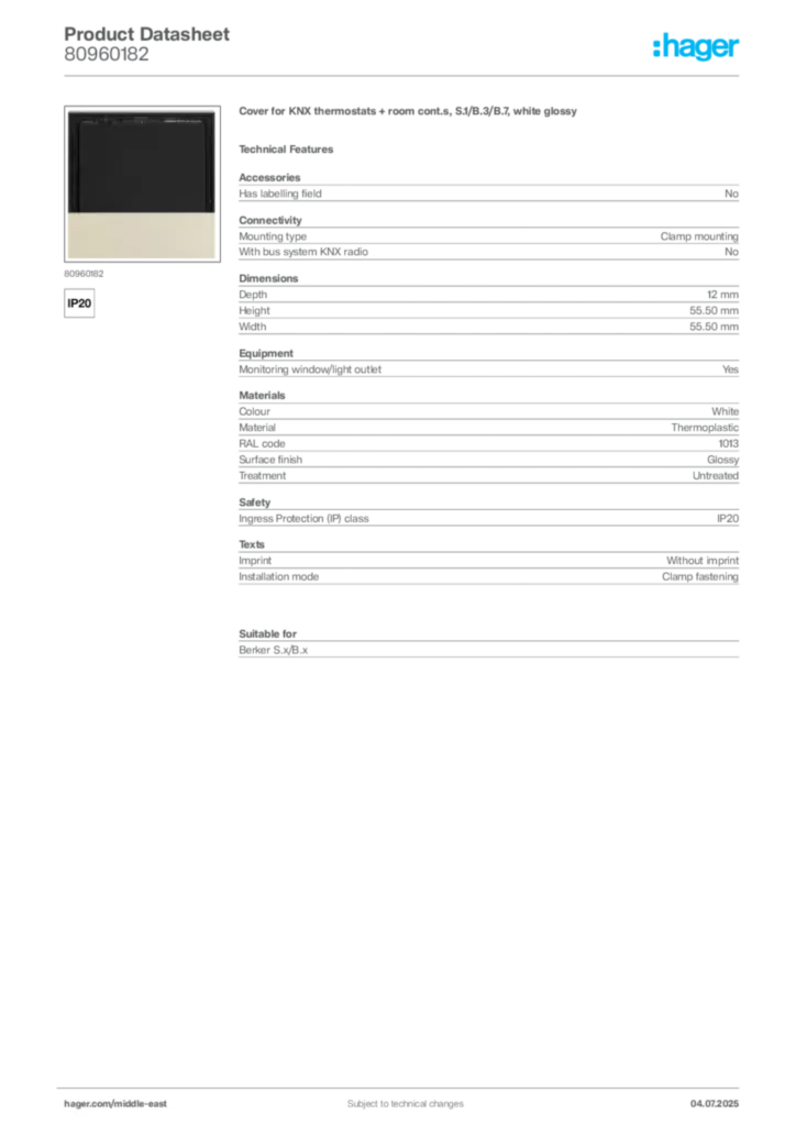 Image Hager Product data sheet 80960182  | Hager