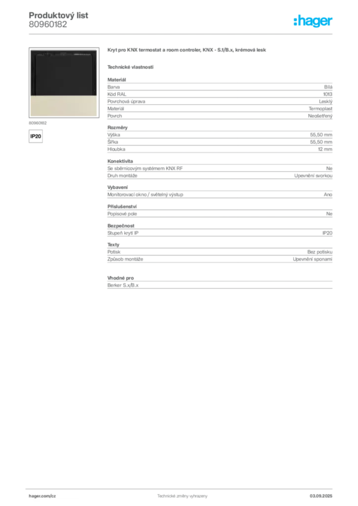 Obrázek Hager Produktový list 80960182 | Hager