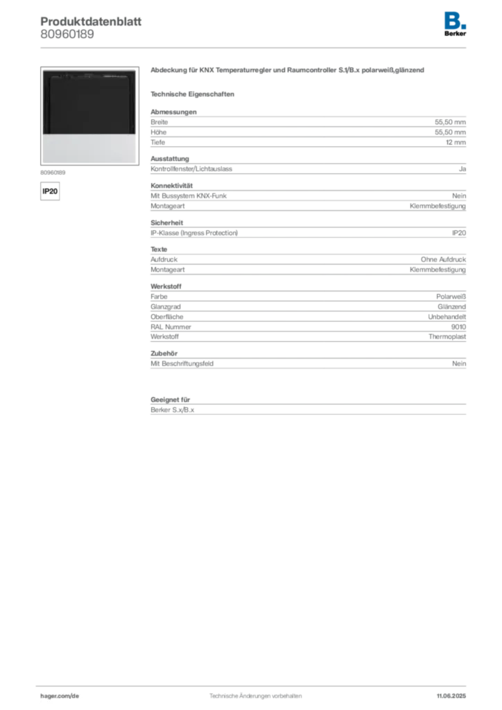 Bild Berker Produktdatenblatt 80960189 | Hager Deutschland