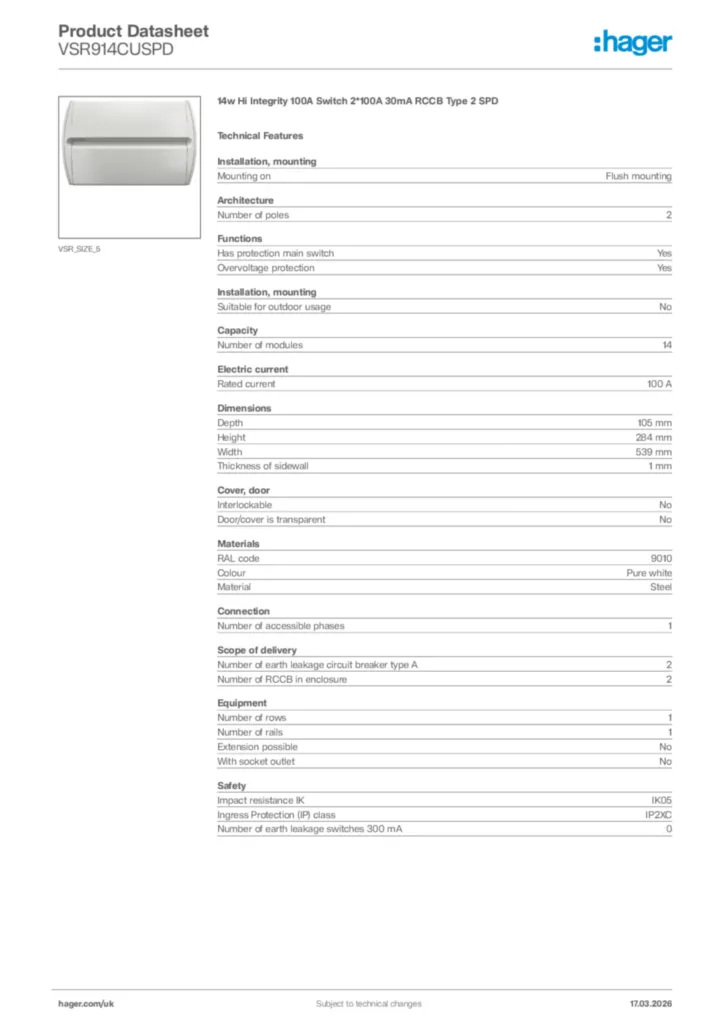 Image Hager Product data sheet VSR914CUSPD  | Hager