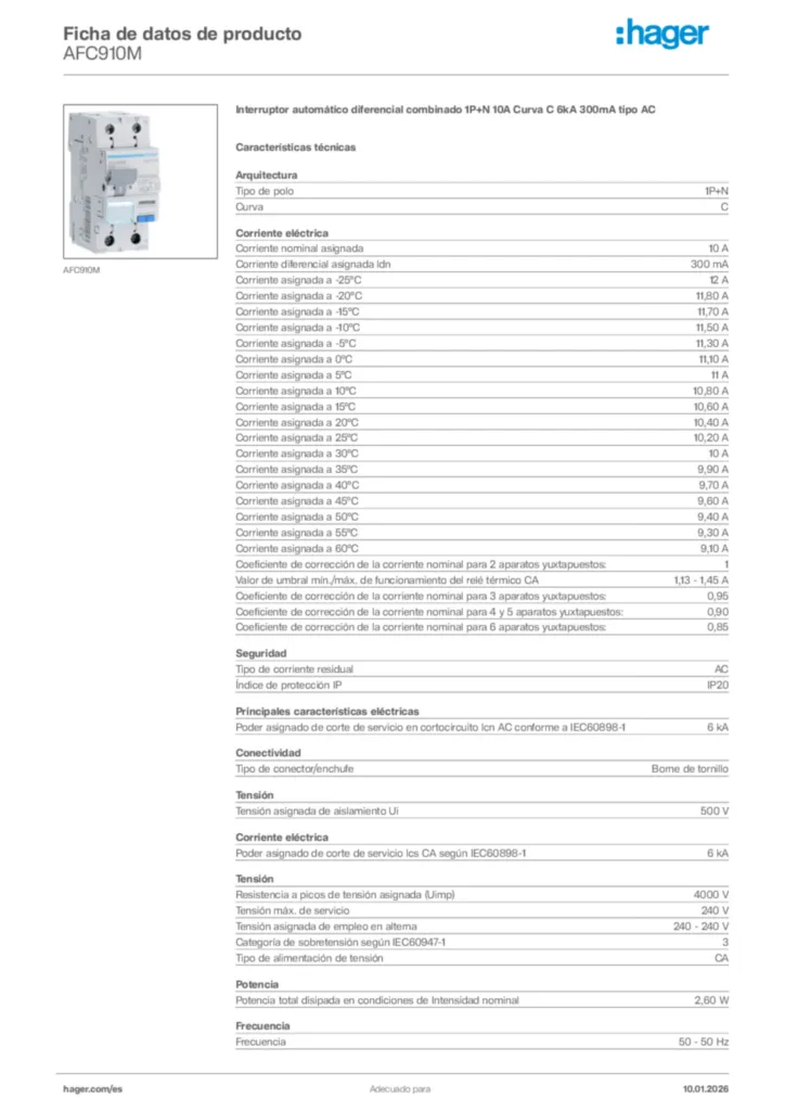 Imagen Hager Ficha de datos de producto AFC910M | Hager España
