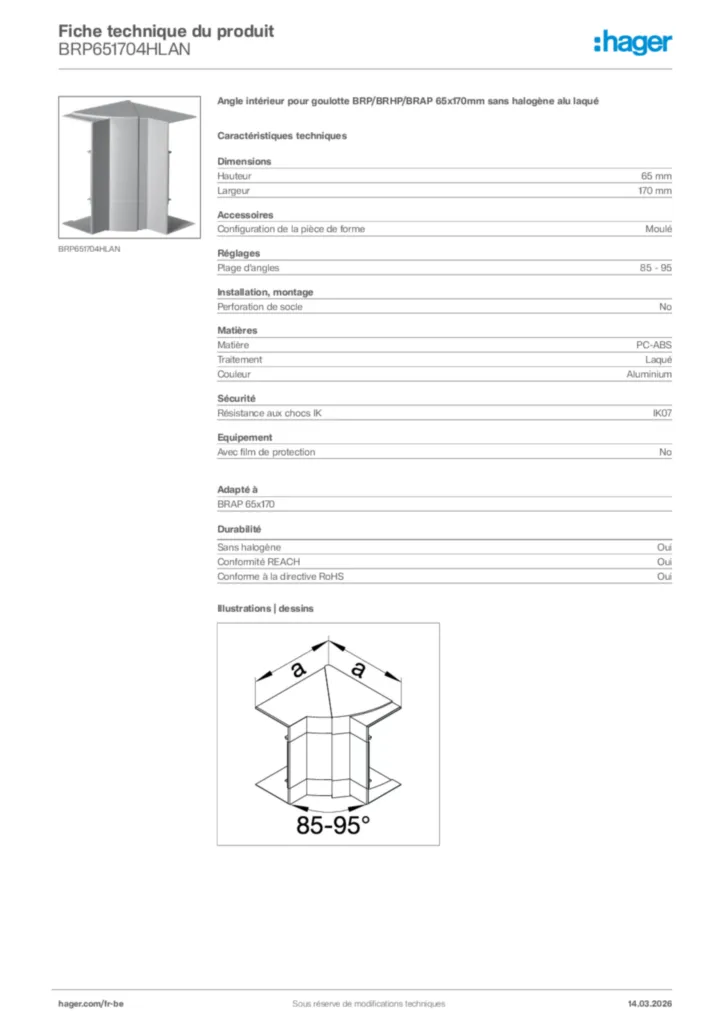 Image Hager Fiche technique du produit BRP651704HLAN | Hager Belgique