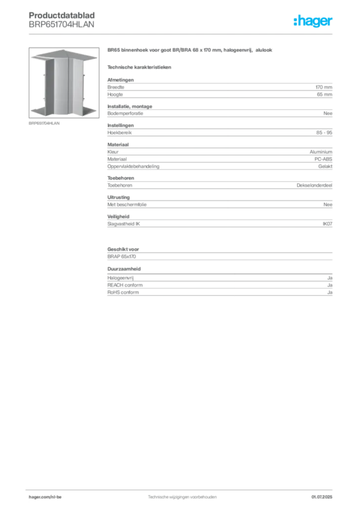 Afbeelding Hager Productdatablad BRP651704HLAN | Hager Belgium
