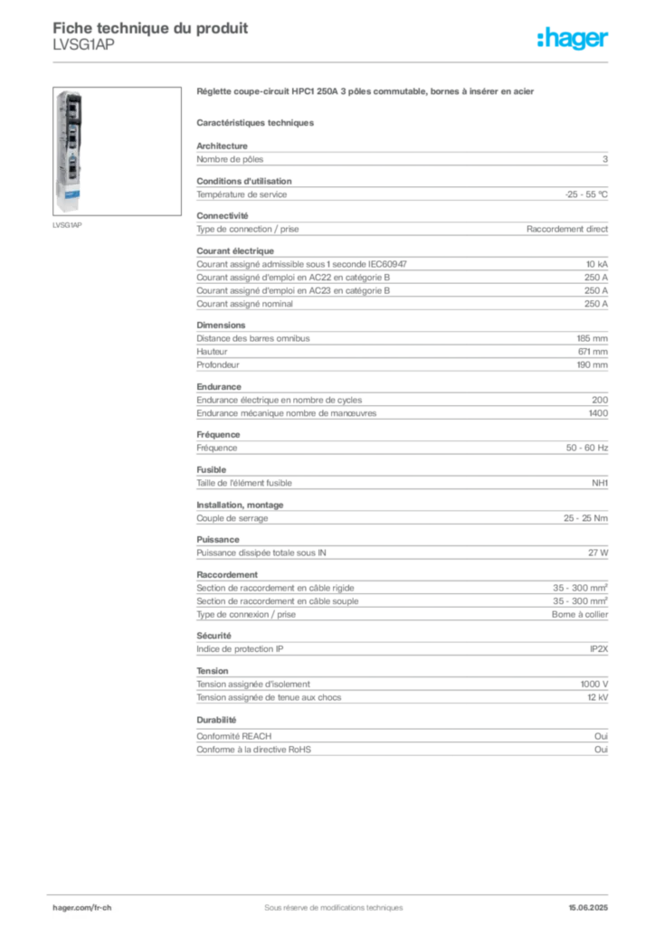 Image Hager Fiche technique du produit LVSG1AP | Hager Suisse