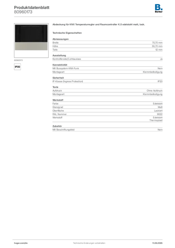 Bild Berker Produktdatenblatt 80960173 | Hager Deutschland