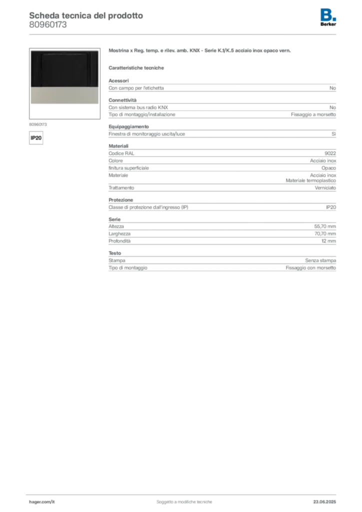 Immagine Berker Scheda tecnica del prodotto 80960173 | Hager Italia