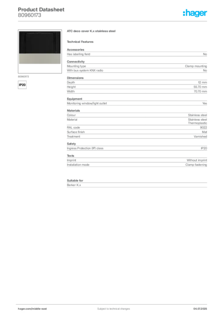 Image Hager Product data sheet 80960173  | Hager