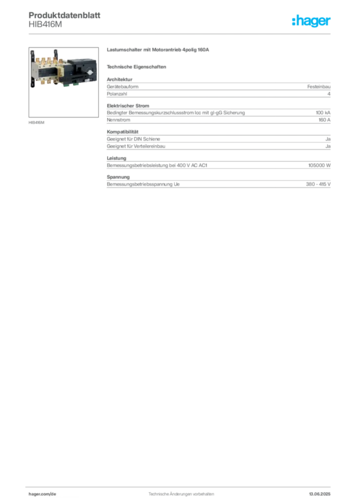 Hager Produktdatenblatt HIB416M