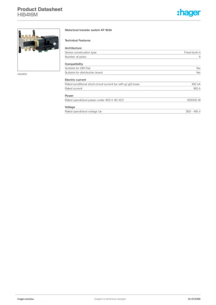 Image Hager Product data sheet HIB416M  | Hager Australia