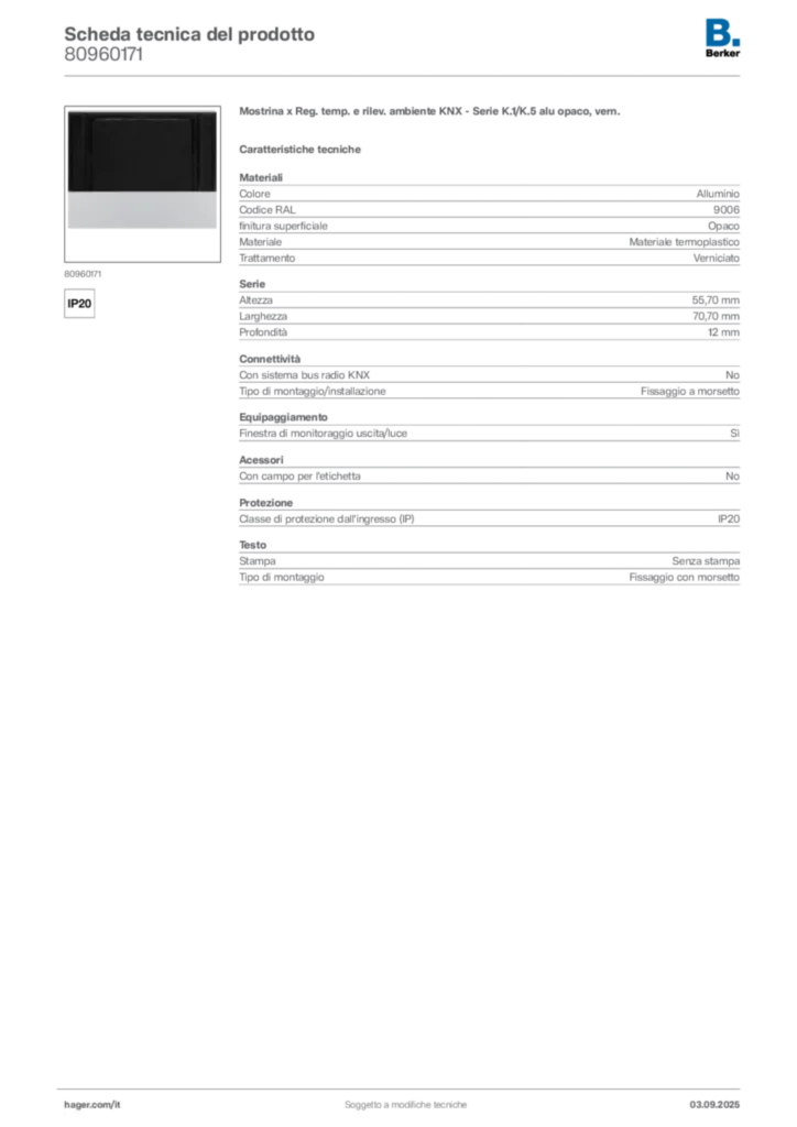 Immagine Berker Scheda tecnica del prodotto 80960171 | Hager Italia