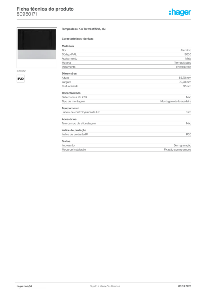 Imagem Hager Ficha técnica do produto 80960171 | Hager Portugal