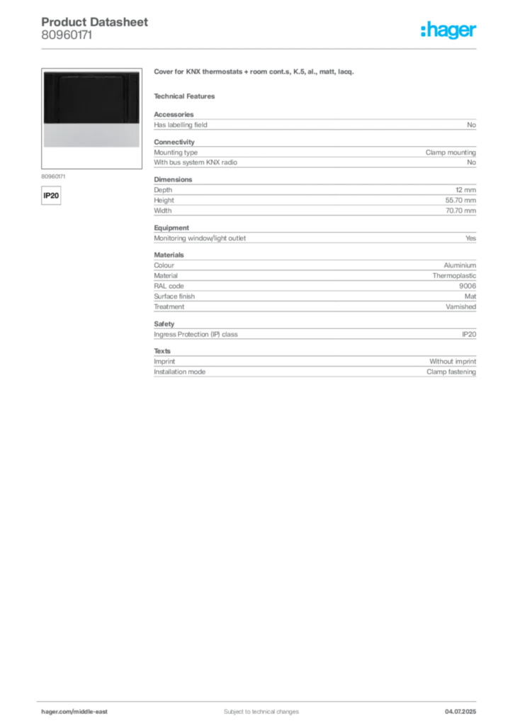 Image Hager Product data sheet 80960171  | Hager