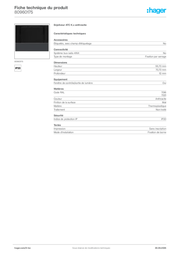 Image Hager Fiche technique du produit 80960175 | Hager Belgique