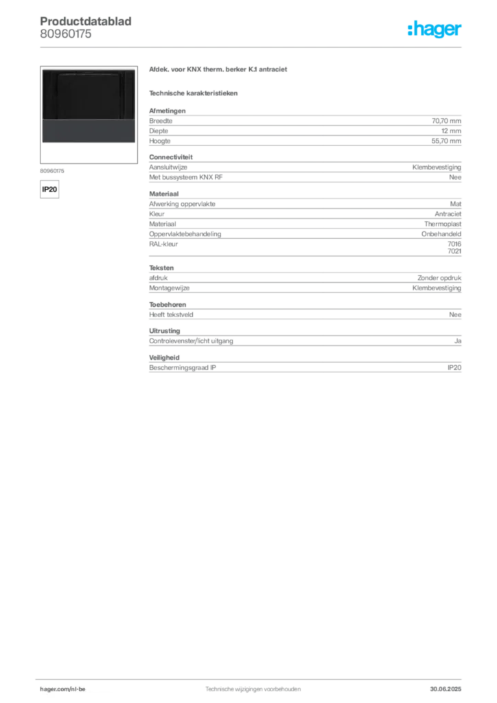 Afbeelding Hager Productdatablad 80960175 | Hager Belgium