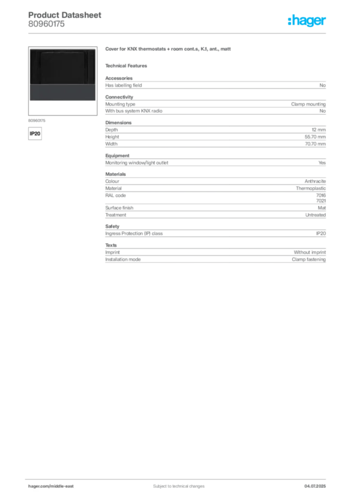 Image Hager Product data sheet 80960175  | Hager