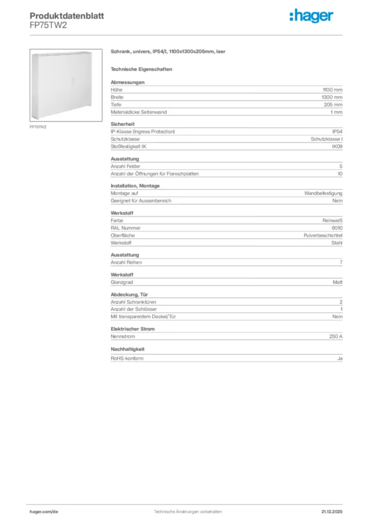Bild Hager Produktdatenblatt FP75TW2 | Hager Deutschland