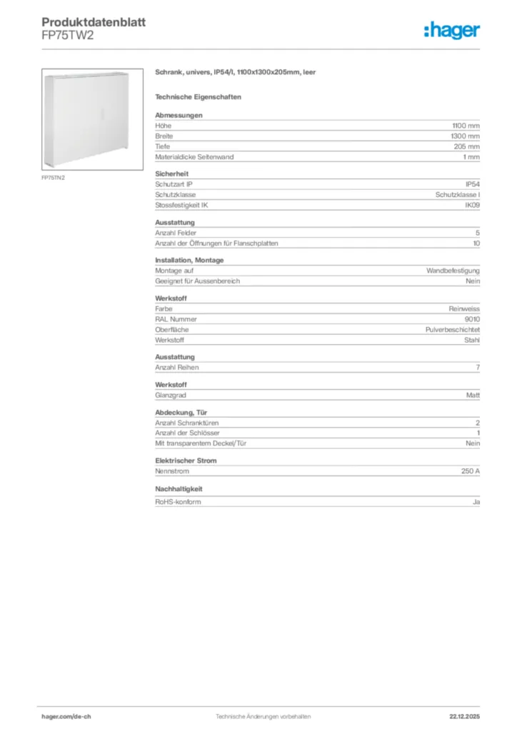Bild Hager Produktdatenblatt FP75TW2 | Hager Schweiz