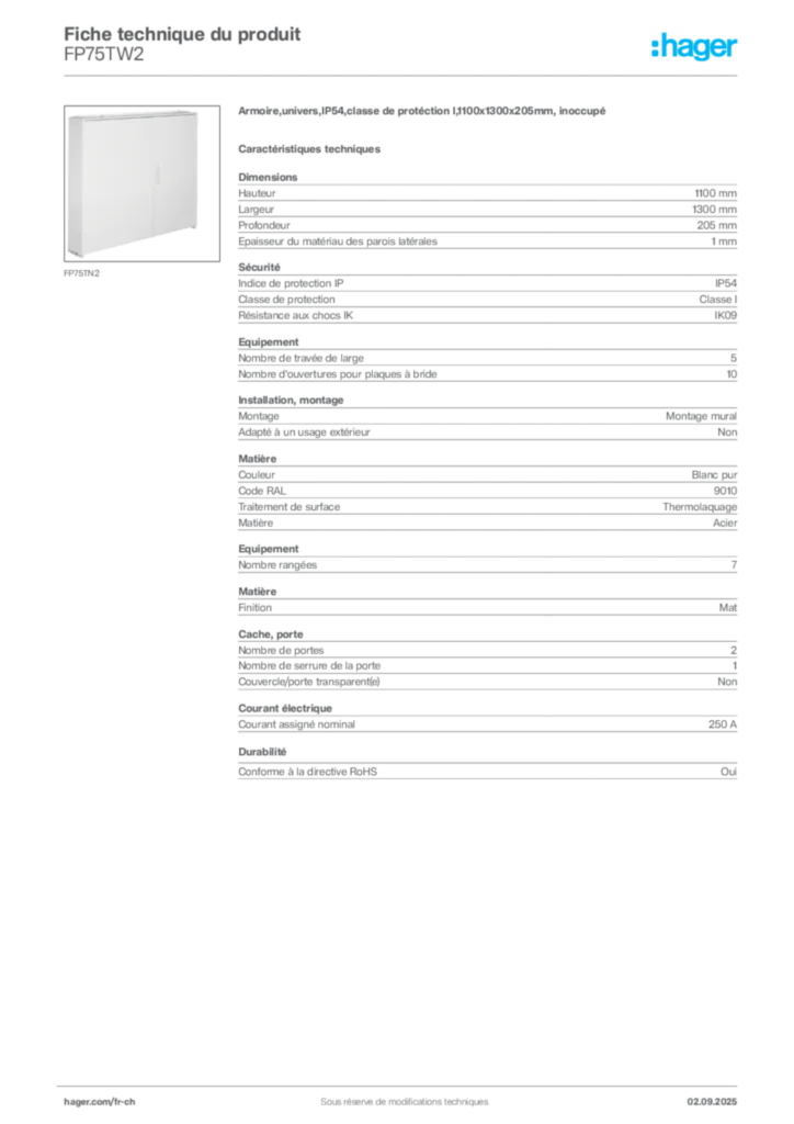 Image Hager Fiche technique du produit FP75TW2 | Hager Suisse