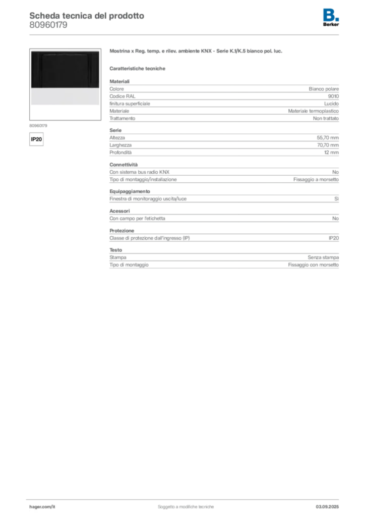 Immagine Berker Scheda tecnica del prodotto 80960179 | Hager Italia