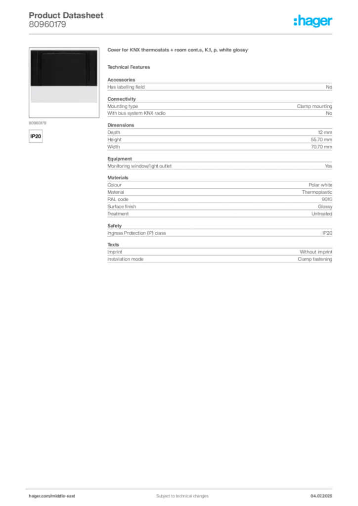 Image Hager Product data sheet 80960179  | Hager