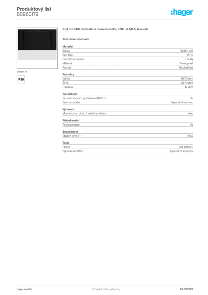 Obrázek Hager Produktový list 80960179 | Hager