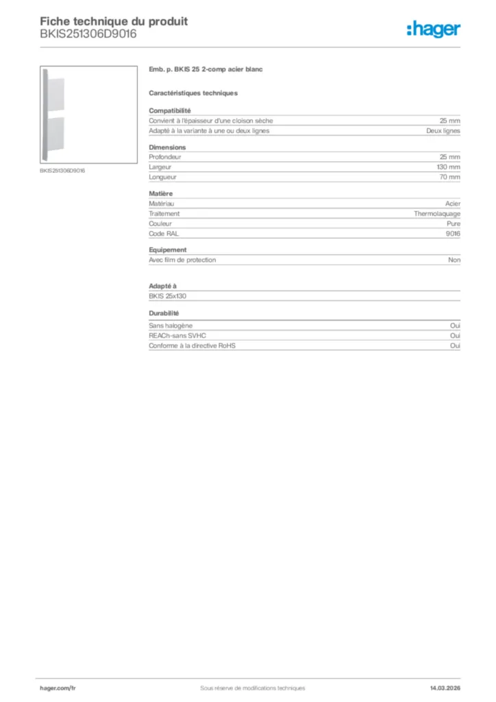 Image Hager Fiche technique du produit BKIS251306D9016 | Hager France