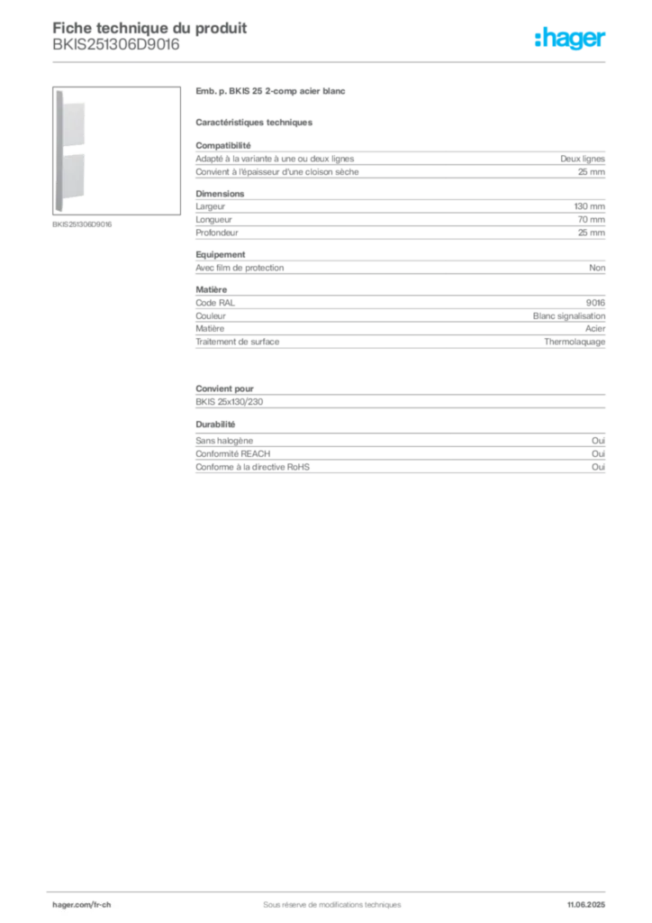 Image Hager Fiche technique du produit BKIS251306D9016 | Hager Suisse