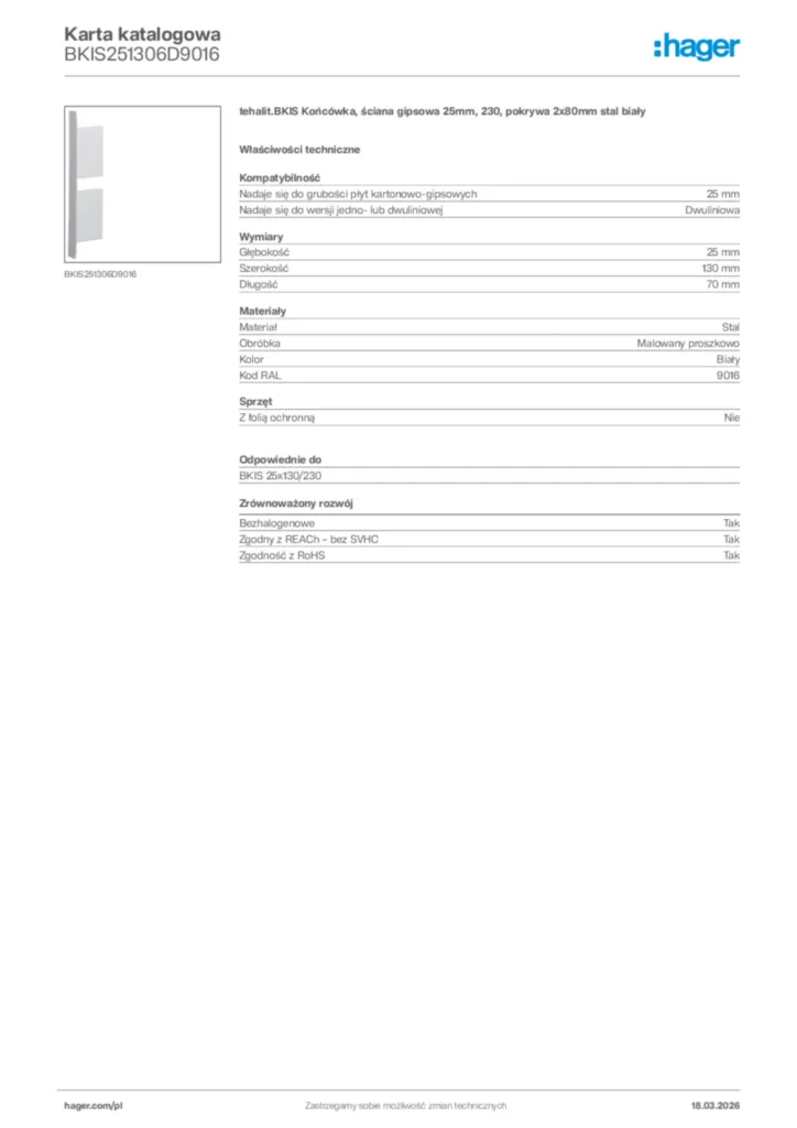 Zdjęcie Hager Karta katalogowa BKIS251306D9016 | Hager Polska