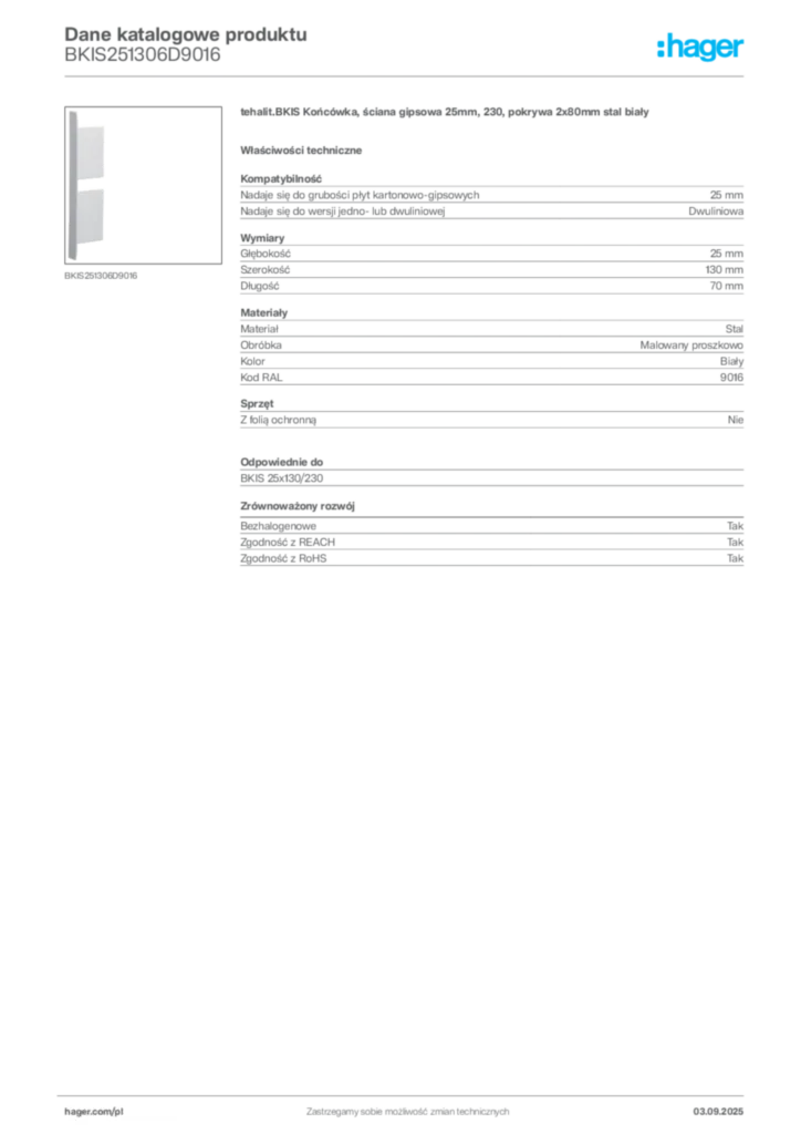 Zdjęcie Hager Dane katalogowe produktu BKIS251306D9016 | Hager Polska