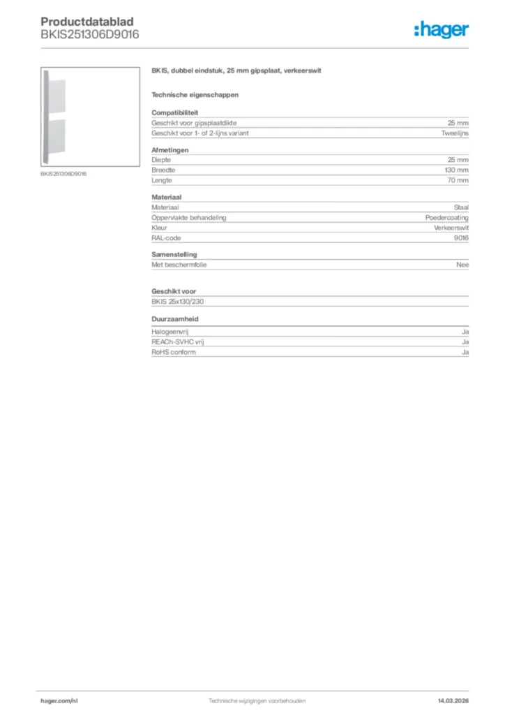 Afbeelding Hager Productdatablad BKIS251306D9016 | Hager Nederland