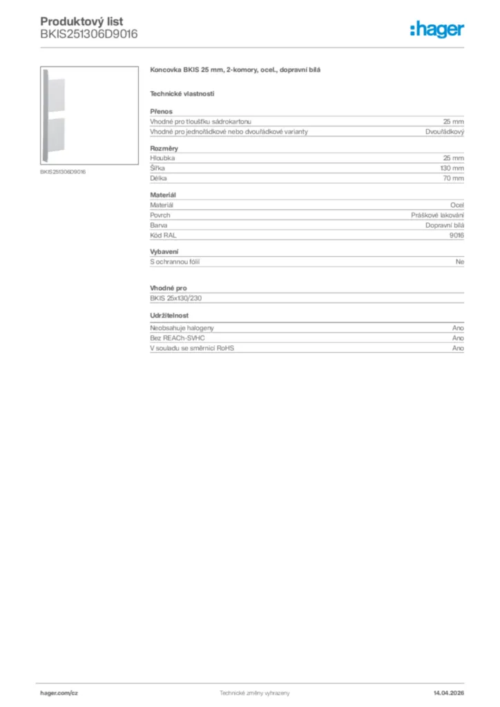 Obrázek Hager Product data sheet BKIS251306D9016 | Hager