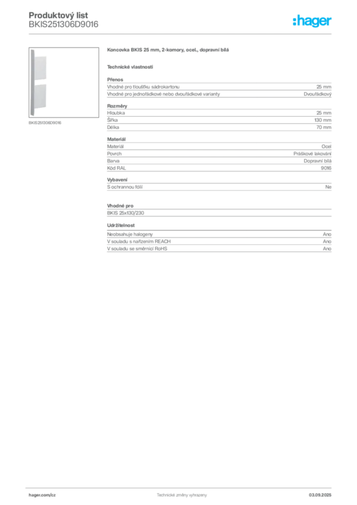 Obrázek Hager Produktový list BKIS251306D9016 | Hager