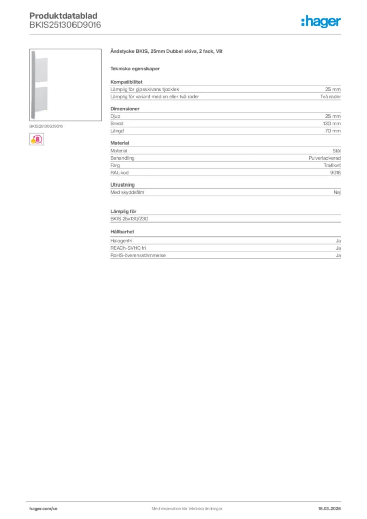 Bild Hager Produktdatablad BKIS251306D9016 | Hager Sverige