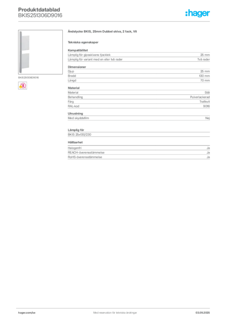 Bild Hager Produktdatablad BKIS251306D9016 | Hager Sverige