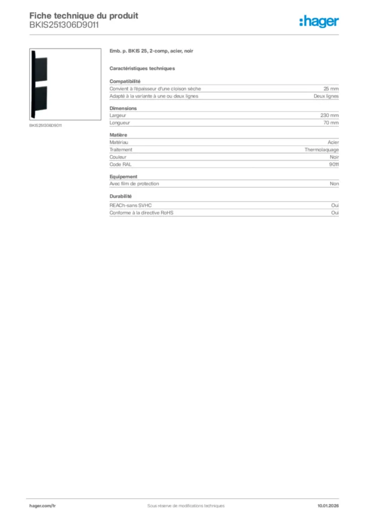 Image Hager Fiche technique du produit BKIS251306D9011 | Hager France