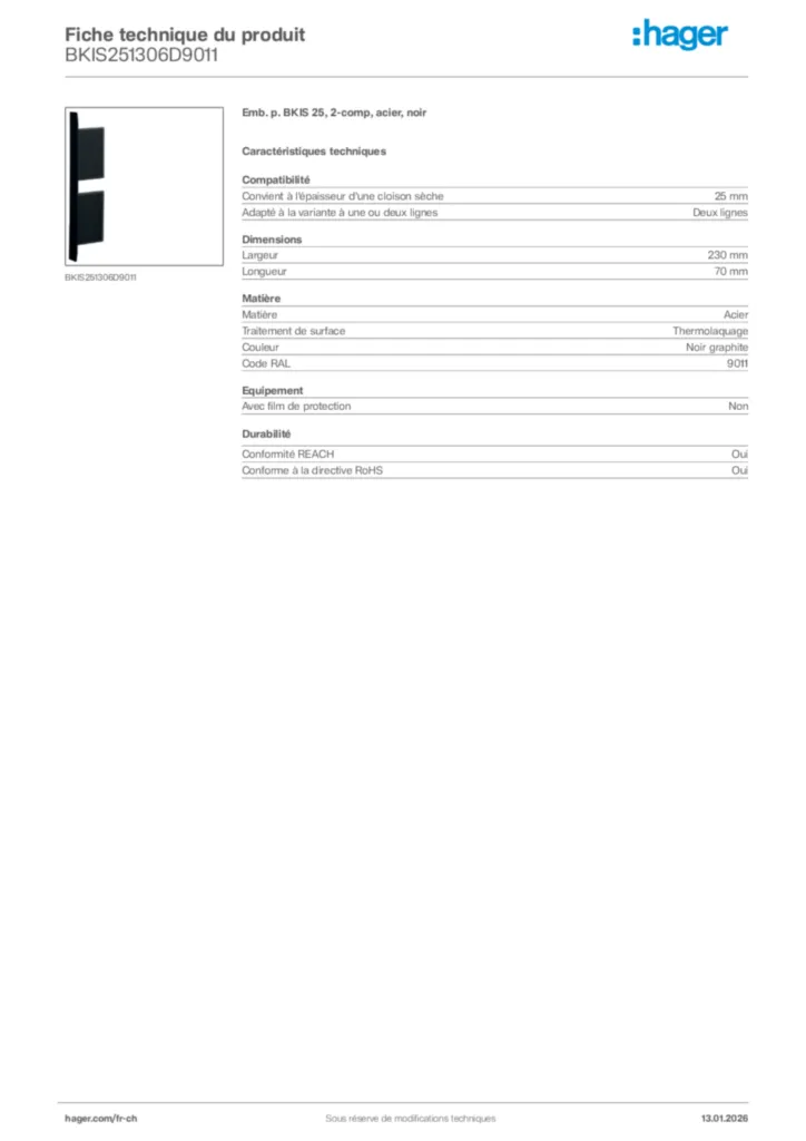 Image Hager Fiche technique du produit BKIS251306D9011 | Hager Suisse