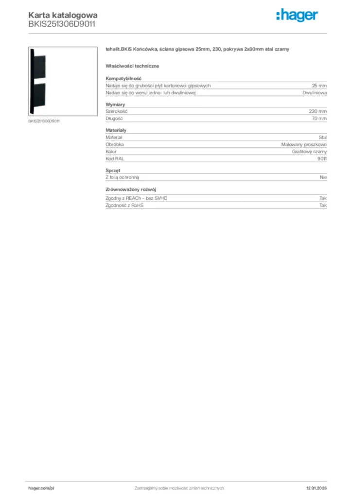 Zdjęcie Hager Karta katalogowa BKIS251306D9011 | Hager Polska