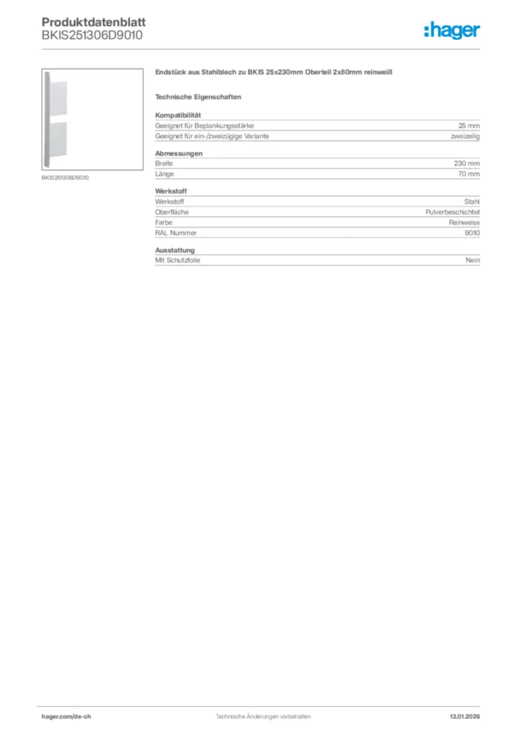 Bild Hager Produktdatenblatt BKIS251306D9010 | Hager Schweiz